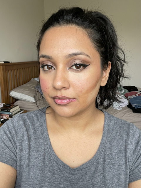 Example current look with uneven makeup application